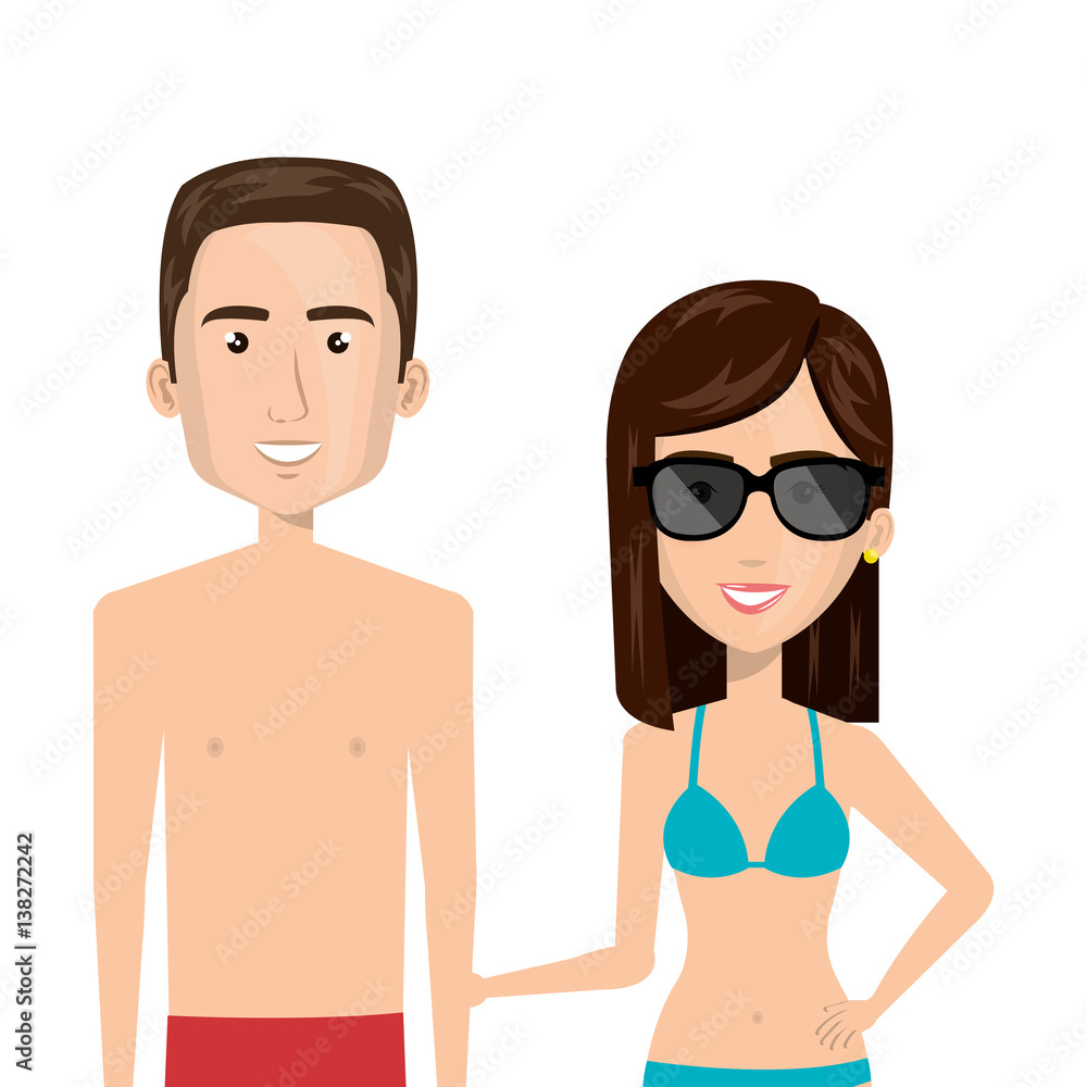 Obraz premium half body cartoon couple with summer swimsuit vector illustration