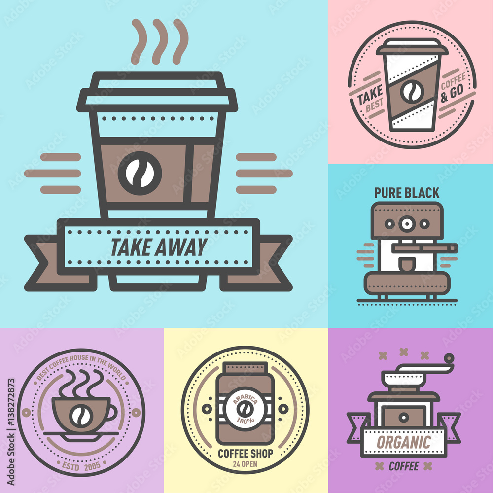 Obraz premium Coffee badge logo food design thin line lettering for restaurant, cafe menu coffee house and shop element beverage label sticker vector illustration.