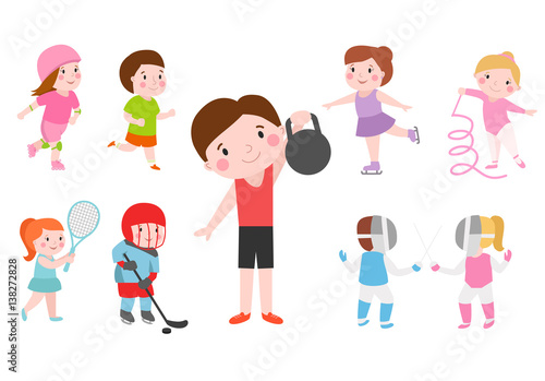 Young kids sportsmens future roller skates gymnastics isolated on white and children young winners after sport school team players vector illustration.