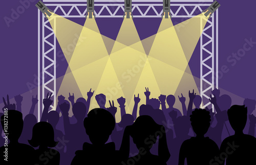 Concert pop group artists on scene music stage night and young rock metall band crowd in front of bright nightclub stage lights vector illustration.