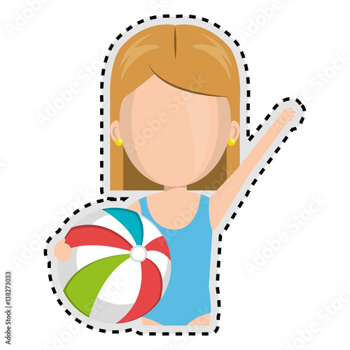 sticker half body faceless cartoon blond girl with summer swimsuit and ball vector illustration