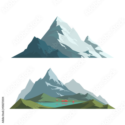 Mountain mature silhouette element outdoor icon snow ice tops and decorative isolated camping landscape travel climbing or hiking geology vector illustration.