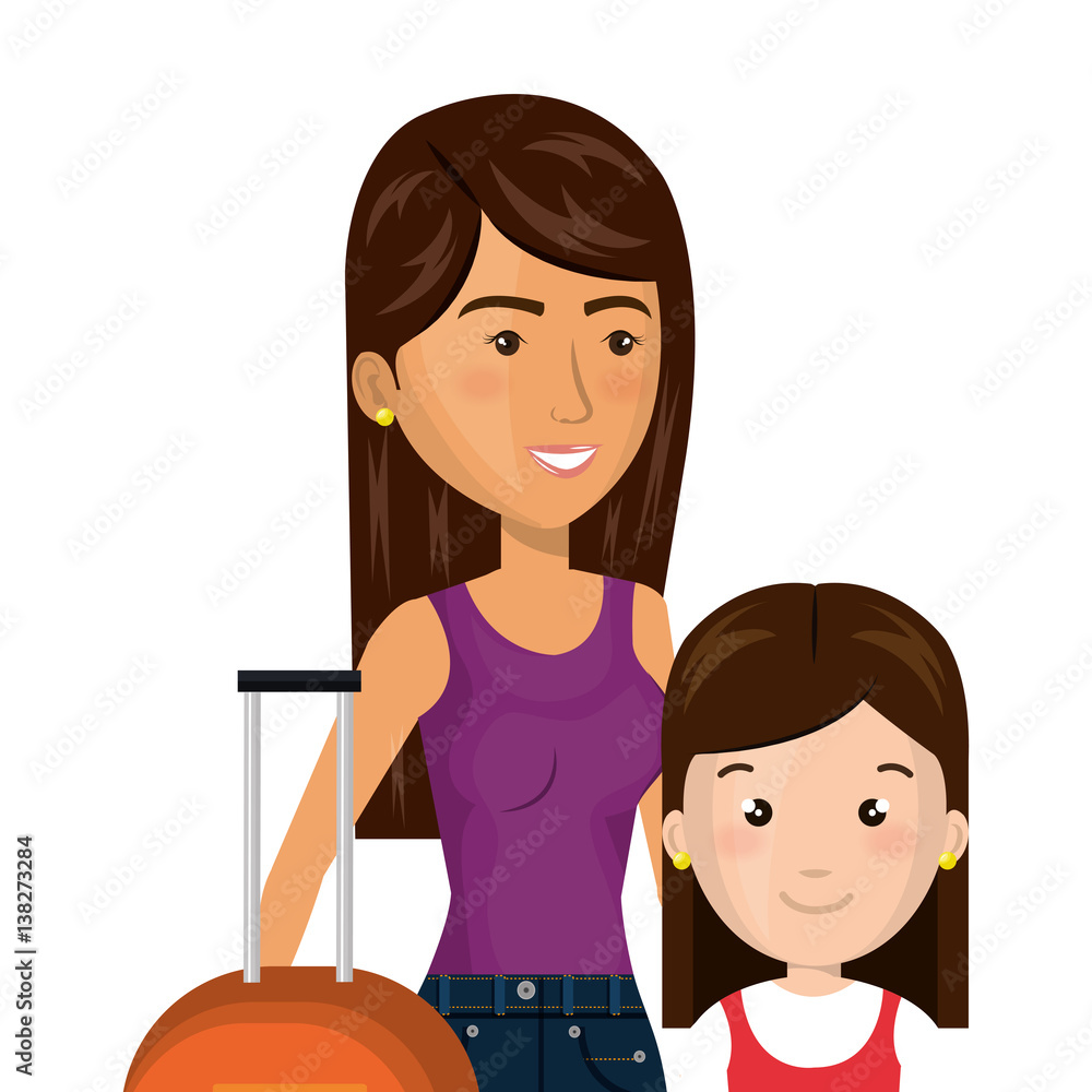 half body cartoon woman with travel briefcase and girl vector illustration half body cartoon woman with travel briefcase and girl vector illustration