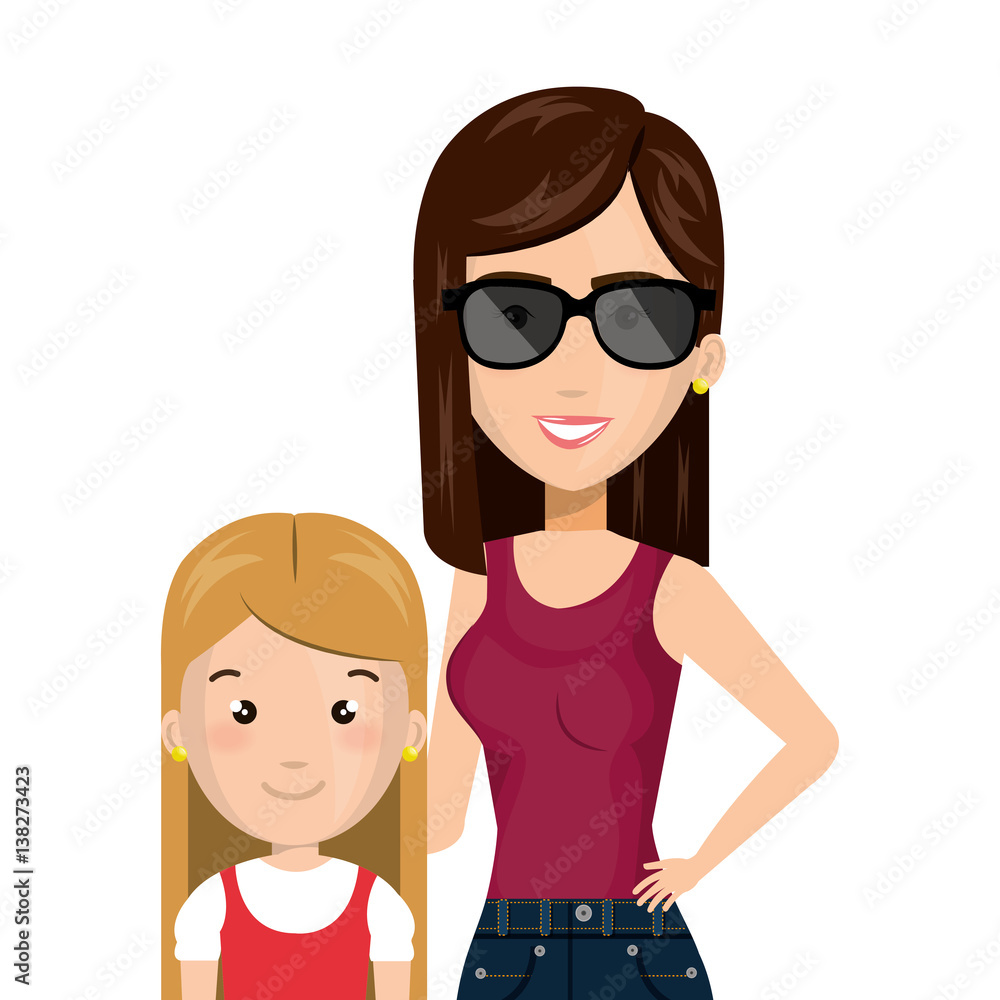 half body cartoon woman with blond girl with cute dress vector illustration half body cartoon woman with blond girl with cute dress vector illustration