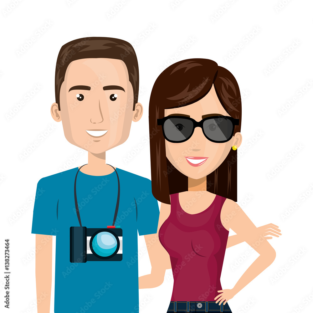half body cartoon couple in travel with camera vector illustration half body cartoon couple in travel with camera vector illustration