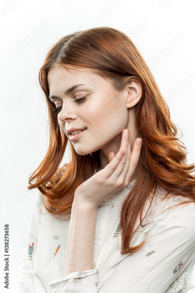 the red-haired woman with her eyes closed turned her head to the side the red-haired woman with her eyes closed turned her head to the side