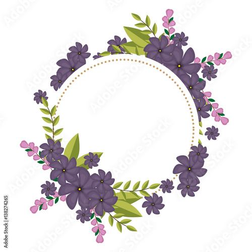 circular frame with violet floral bouquet and leaves vector illustration