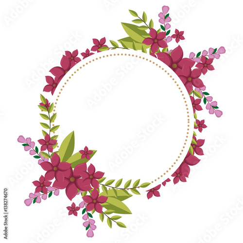 circular frame ornament with fushia floral bouquet and leaves vector illustration