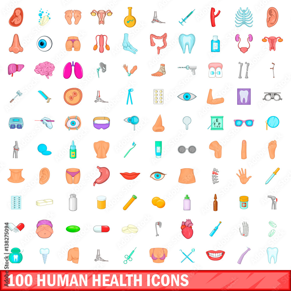 100 human health icons set, cartoon style