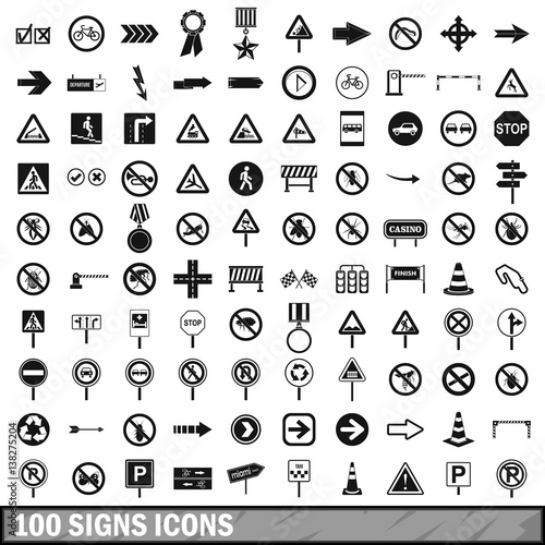 100 road signs icons set in simple style