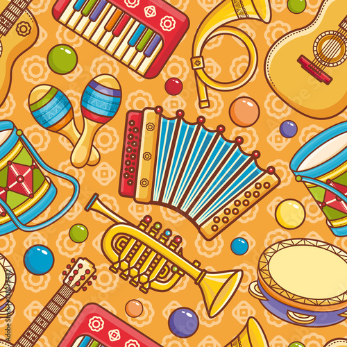 Musical instrument.  Seamless colorful pattern. Vector ornament. Cartoon style