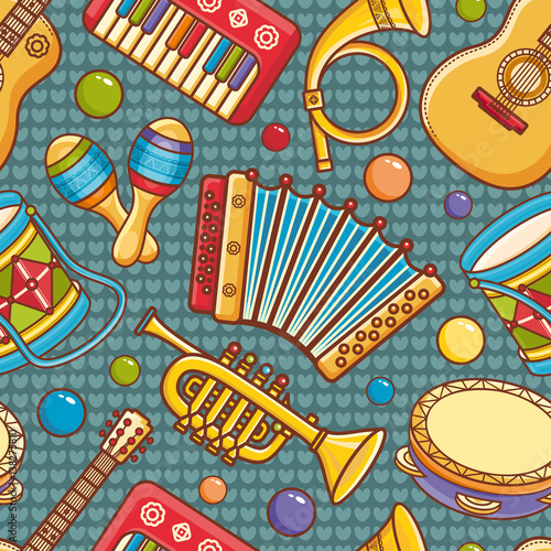 Musical instrument.  Seamless colorful pattern. Vector ornament. Cartoon style