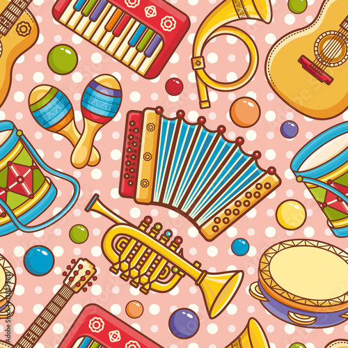 Musical instrument.  Seamless colorful pattern. Vector ornament. Cartoon style
