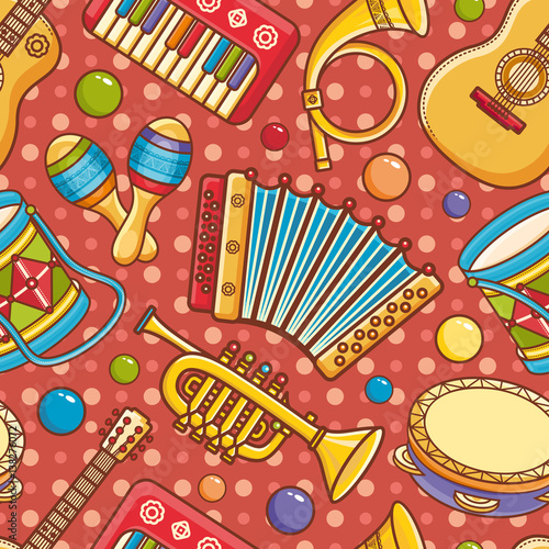 Musical instrument.  Seamless colorful pattern. Vector ornament. Cartoon style