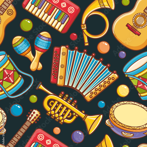 Musical instrument.  Seamless colorful pattern. Vector ornament. Cartoon style