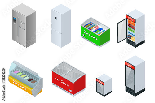 Isometric Fridge Drink with glass door. Mini display cooler. Freezer and refrigerator. Vector isolated on white background.