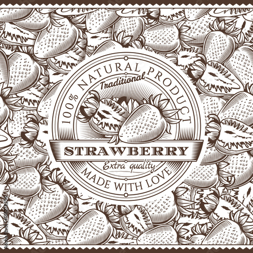 Vintage Strawberry Label On Seamless Pattern