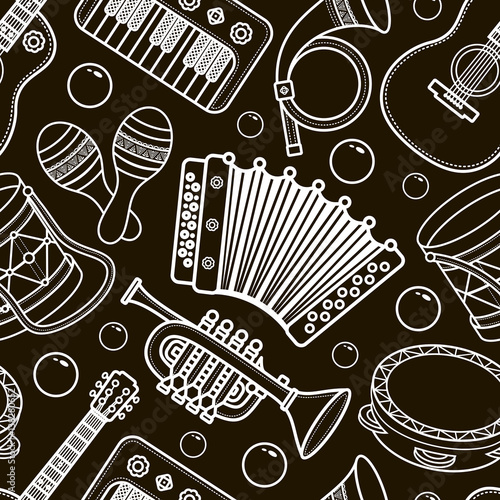 Musical instrument.  Seamless monochrome pattern. Vector ornament.
