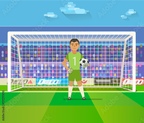 Soccer goalkeeper keeping goal on arena vector illustration. Flat. Football keeper in frame.