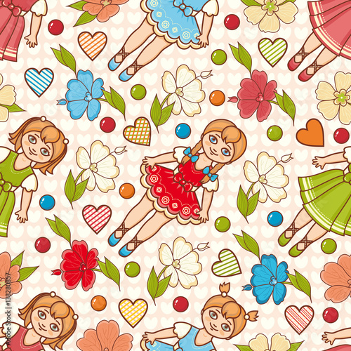 Little Ballerina and Flower. Cartoon style. Seamless pattern. Baby Doll. 