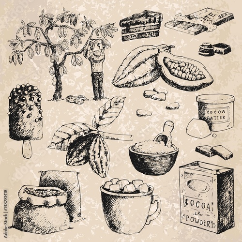 Vector cocoa products hand drawn sketch illustration.