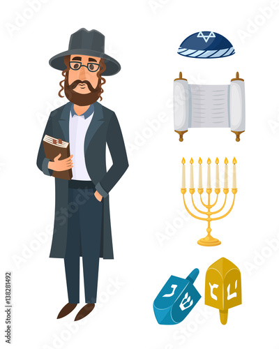 Judaism church traditional symbols isolated hanukkah religious design and synagogue passover hebrew character torah menorah holiday jew vector illustration.
