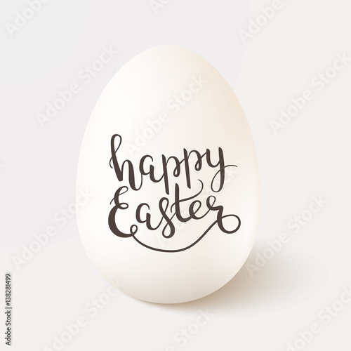 Realistic vector white single chicken egg with lettering Happy Easter isolated on white background.