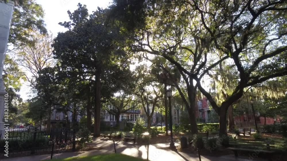 Aerial Low Angle Shot Pushing into Town Square Park in Downtown Savannah, GA Aerial Low Angle Shot Pushing into Town Square Park in Downtown Savannah, GA