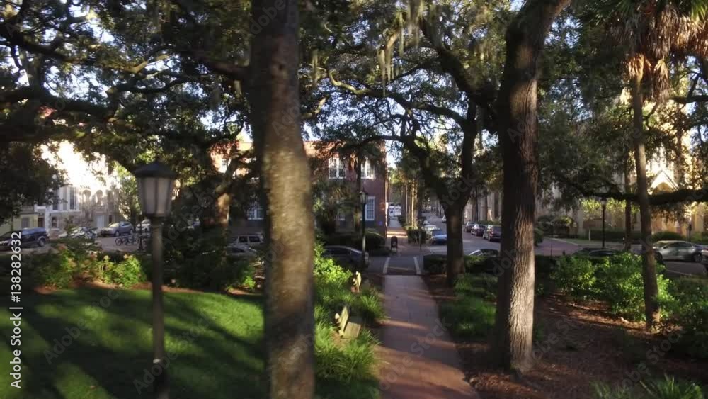 Low Angle Aerial Shot in a Savannnah, GA Town Square Park Low Angle Aerial Shot in a Savannnah, GA Town Square Park