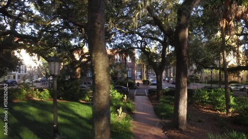 Low Angle Aerial Shot in a Savannnah, GA Town Square Park