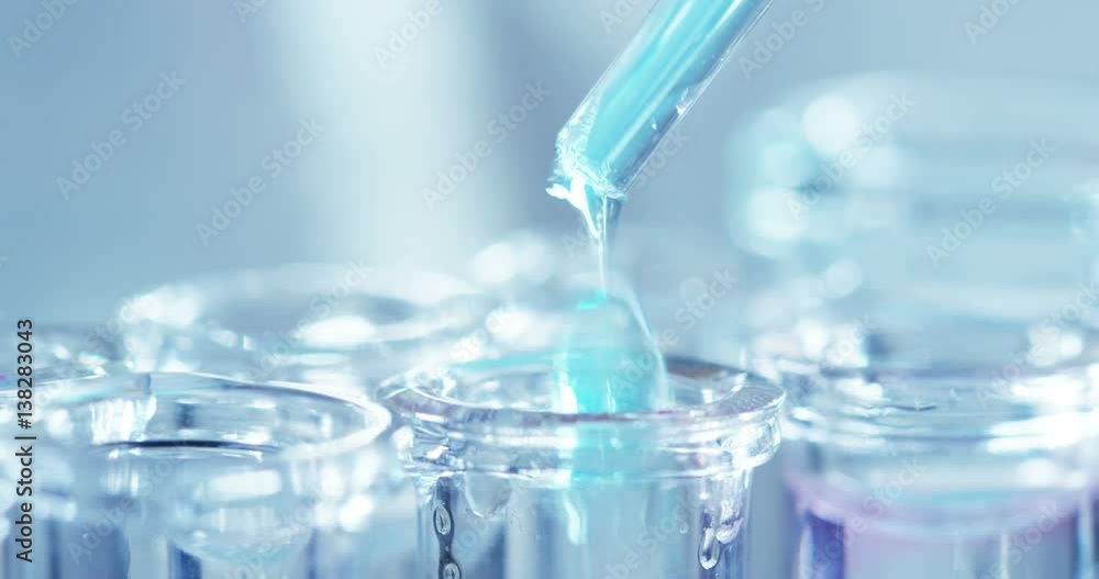 In a laboratory, a scientist with a pipette analyzes a colored liquid to extract the DNA and molecules in the test tubes. Concept: research, biochemistry, nature, pharmaceutical medicine In a laboratory, a scientist with a pipette analyzes a colored liquid to extract the DNA and molecules in the test tubes. Concept: research, biochemistry, nature, pharmaceutical medicine
