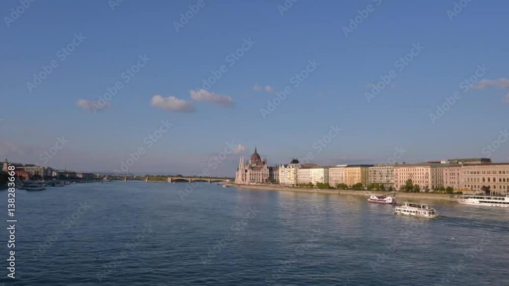 Danube River traffic rushes by in a time lapse from the Chain Bridge in Budapest Danube River traffic rushes by in a time lapse from the Chain Bridge in Budapest