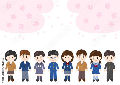 入学式のイラスト: 中高生と桜の花 