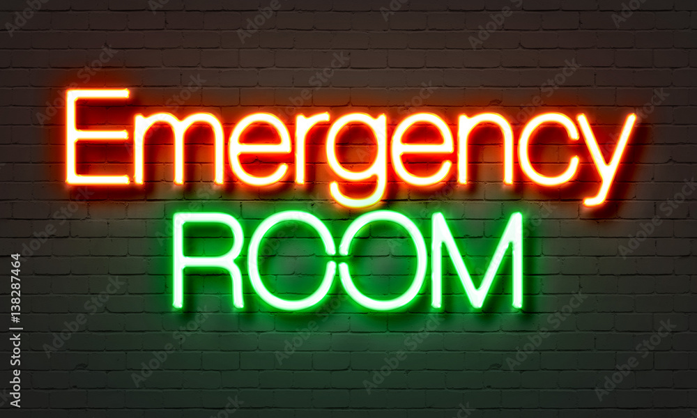 Fototapeta premium Emergency room neon sign on brick wall background.