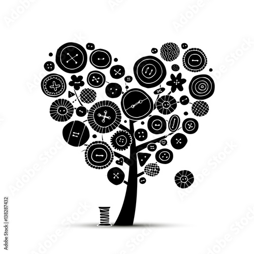 Sew with love, tree with buttons. Sketch for your design