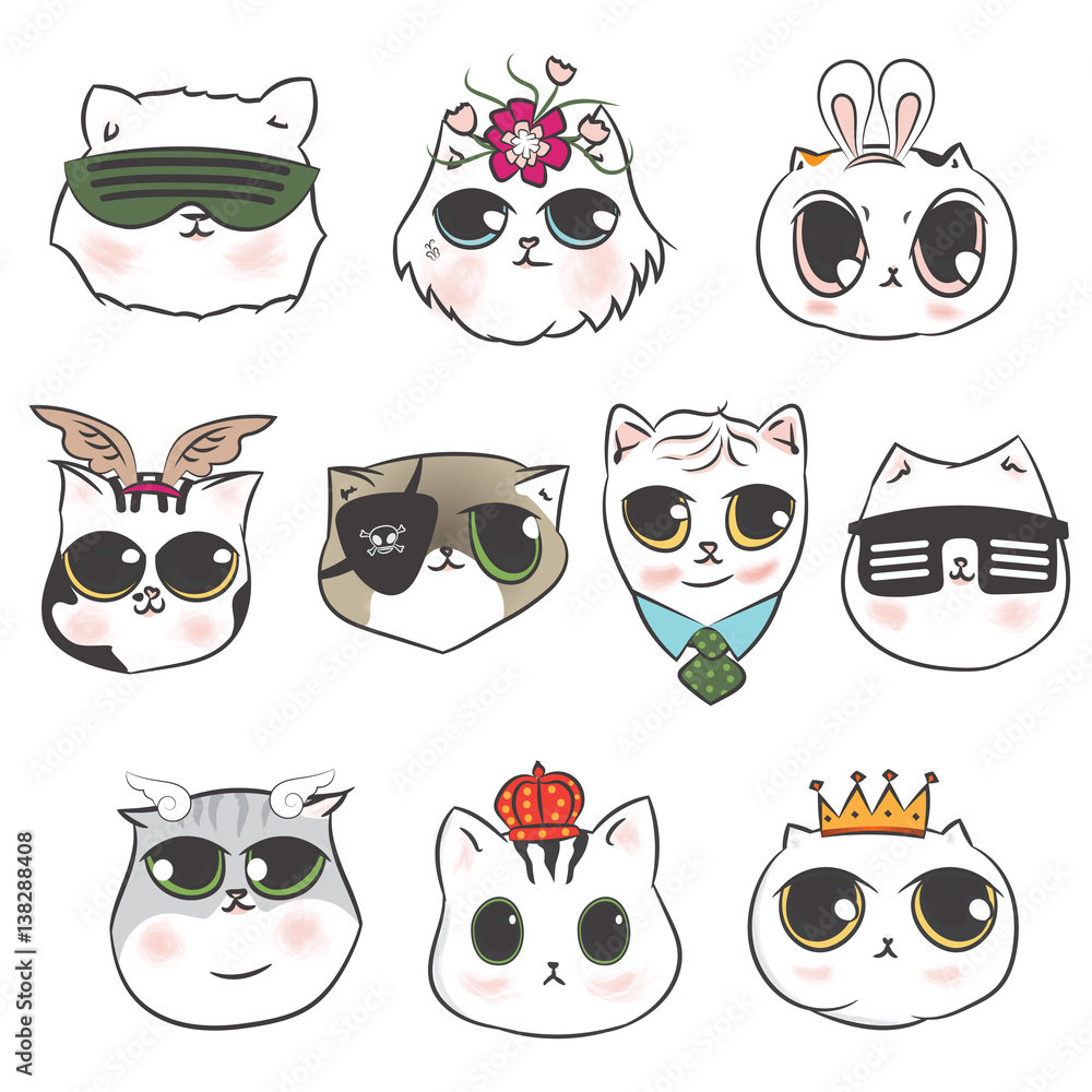 Cute cats heads doodle and kitten cartoon fashion character design. hand drawing vector illustration for kids