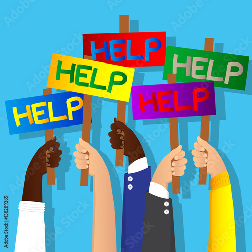 Vector illustrated cartoon hands holding help signs.