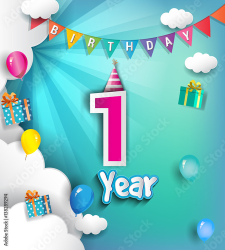 1st Anniversary Celebration Design, with clouds and balloons. using Paper Art Design Style, Vector template elements for your, one years birthday celebration party.