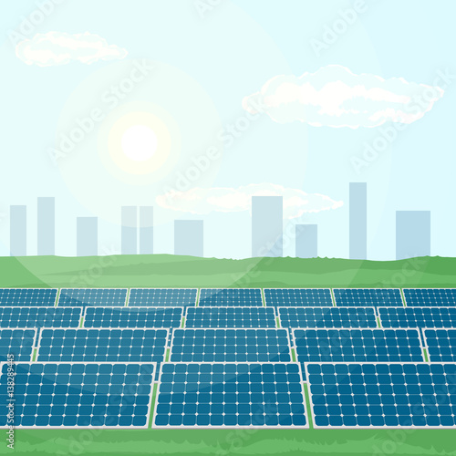 Many solar panels installed near city produce green energy from sun. Flat vector illustration of the production of clean renewable energy.