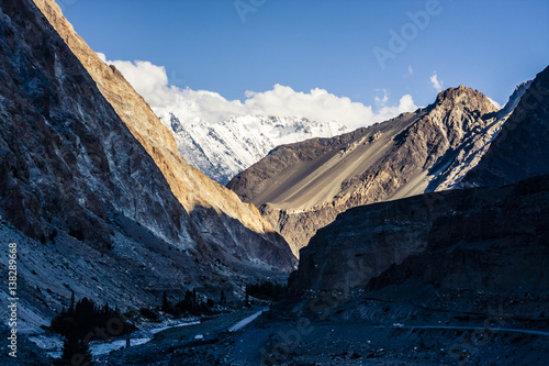 View of stunning mountains along the Karakoram Highway in western China and northern Pakistan