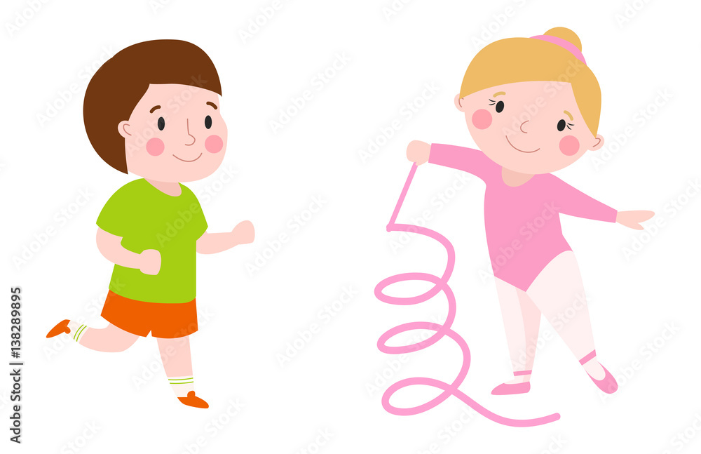 Girl young sport cute gymnast with ribbon flexibility gymnastic strength teenager doing dance and rhythmic performance running boy character vector illustration. Girl young sport cute gymnast with ribbon flexibility gymnastic strength teenager doing dance and rhythmic performance running boy character vector illustration.
