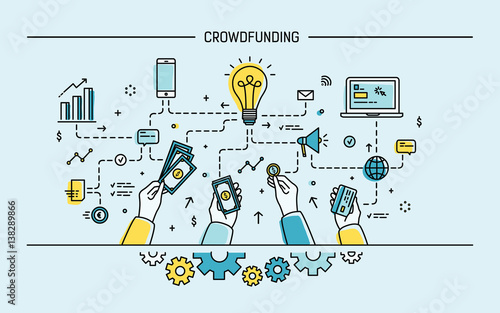 Crowdfunding. Line art colorful flat vector illustration.