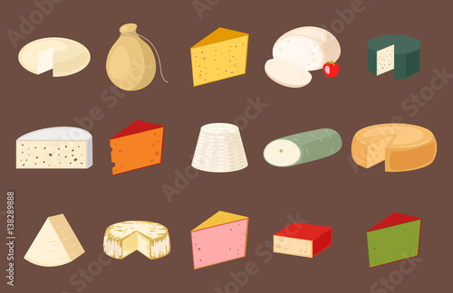Delicious fresh cheese variety italian dinner icon flat dairy food and milk camembert piece different delicatessen gouda set isolated vector illustration.