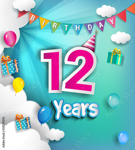 12th Anniversary Celebration Design, with clouds and balloons. using Paper Art Design Style, Vector template elements for your, twelve years birthday celebration party.