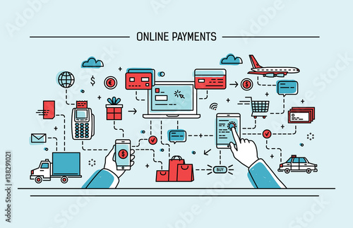 Line art flat vector illustration. online payments, money transfer, financial transaction.