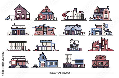 Line art residential house collection. Set of flat style. Colorful vector ill...