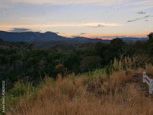 Sunset over grassland and forest in the mountains