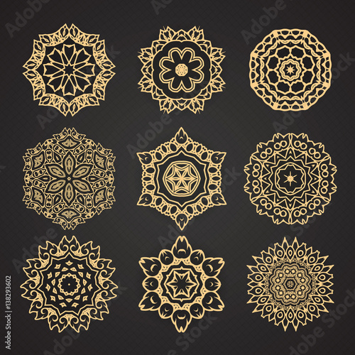 Set of mandalas. Collection of stylized stars and snowflakes. ornaments. Template for embroidery. Sketches for tattoo graphic Thai design
