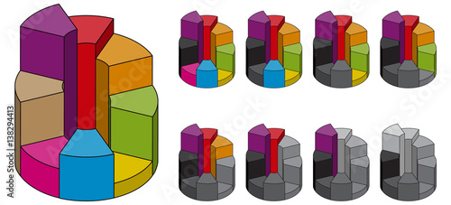 Set of bulk isometric pie charts different heights. Templates realistic three-dimensional pie charts. Business data, colorful elements for infographics. Vector