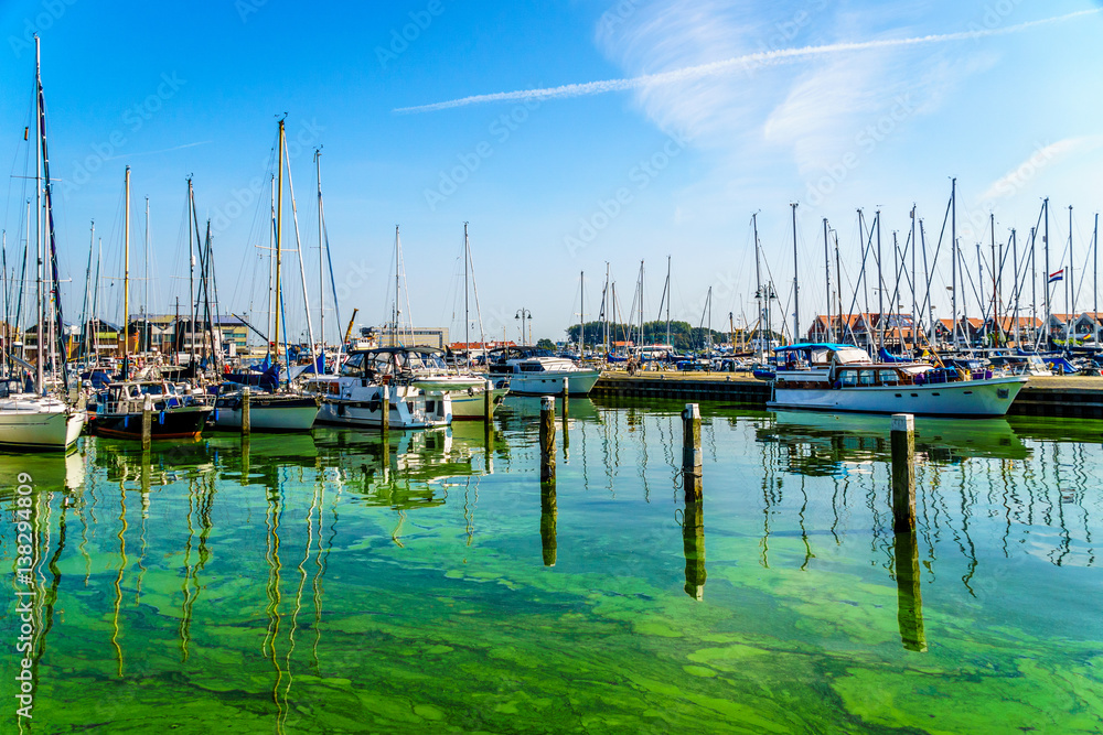 Sail boats and motor boats moored in a part of the harbor overtaken by algae in the historic fishing village of Urk in the Netherlands